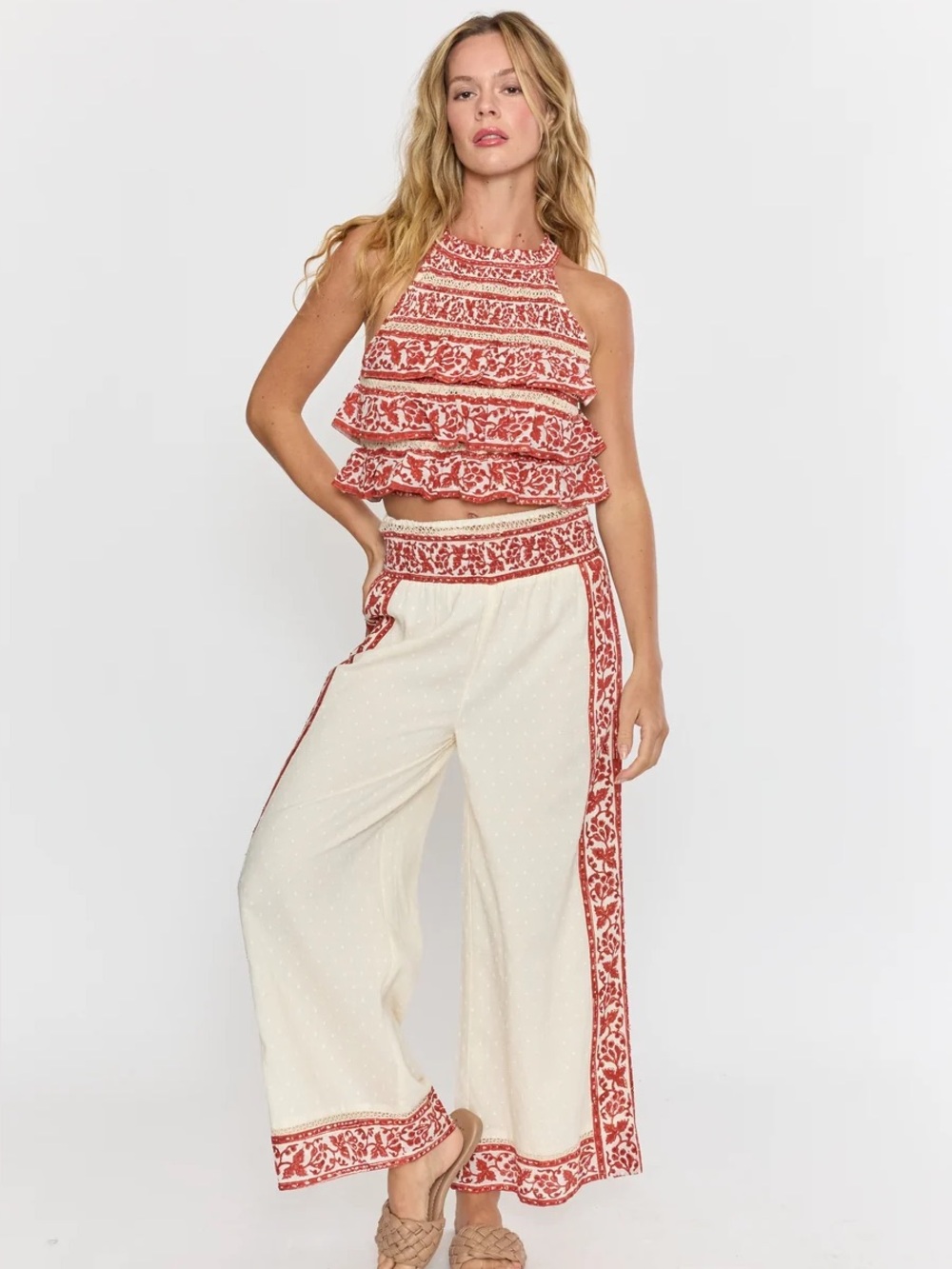 RAGA Cream Wide-Leg Pants with Rust Border Print NWT